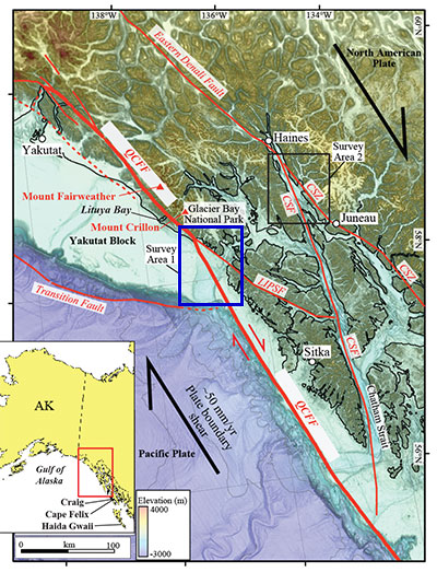 Map of study region along the Queen Charlotte-Fairweather fault offshore southeastern Alaska.